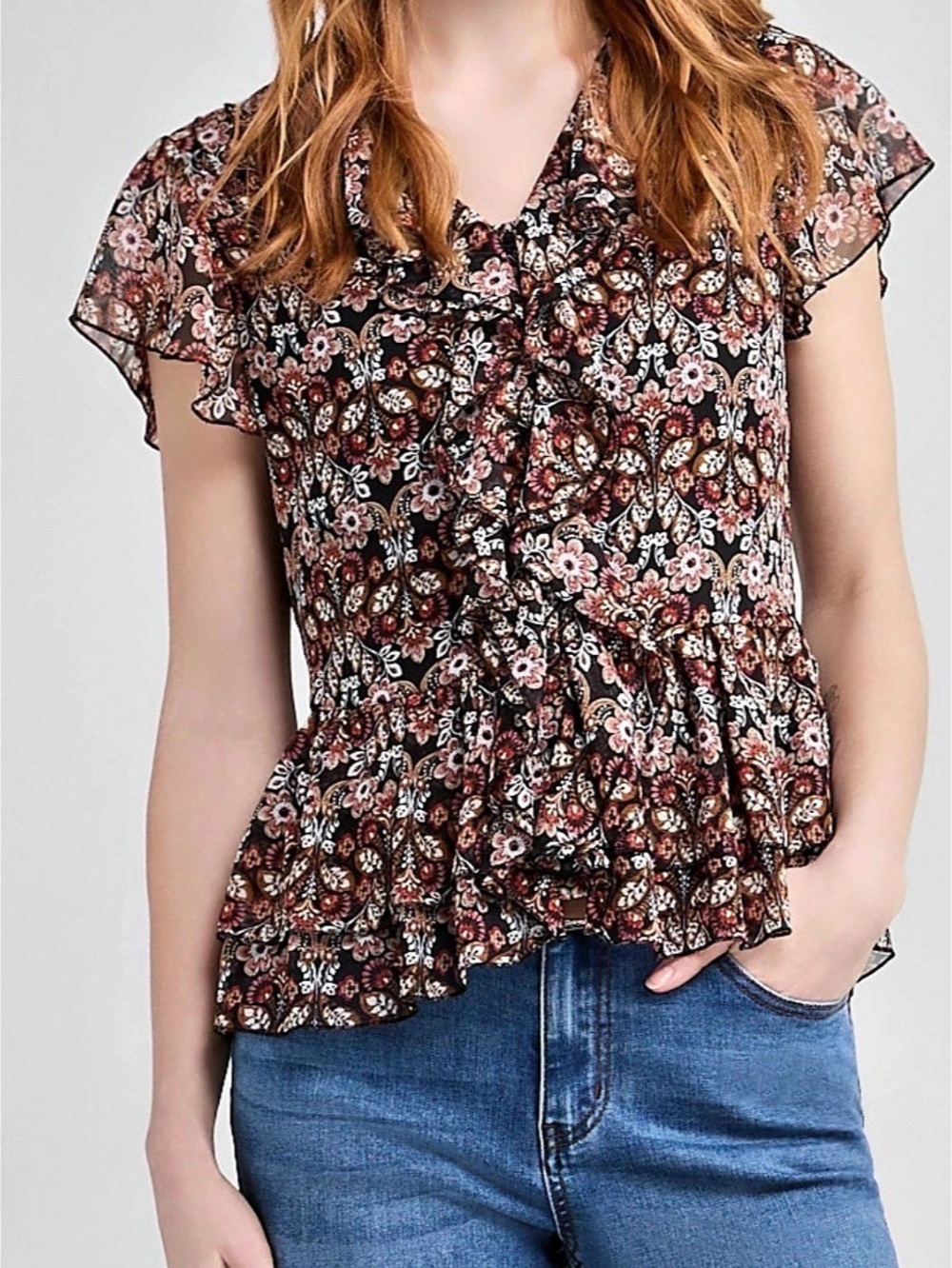 Short Flutter Sleeve Blouse in Boho Ditsy